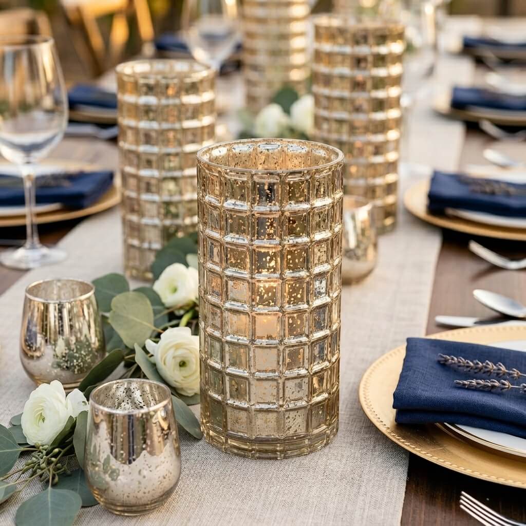 Gold Mercury Mosaic Cylinder 10" - Vase & Candle Holder