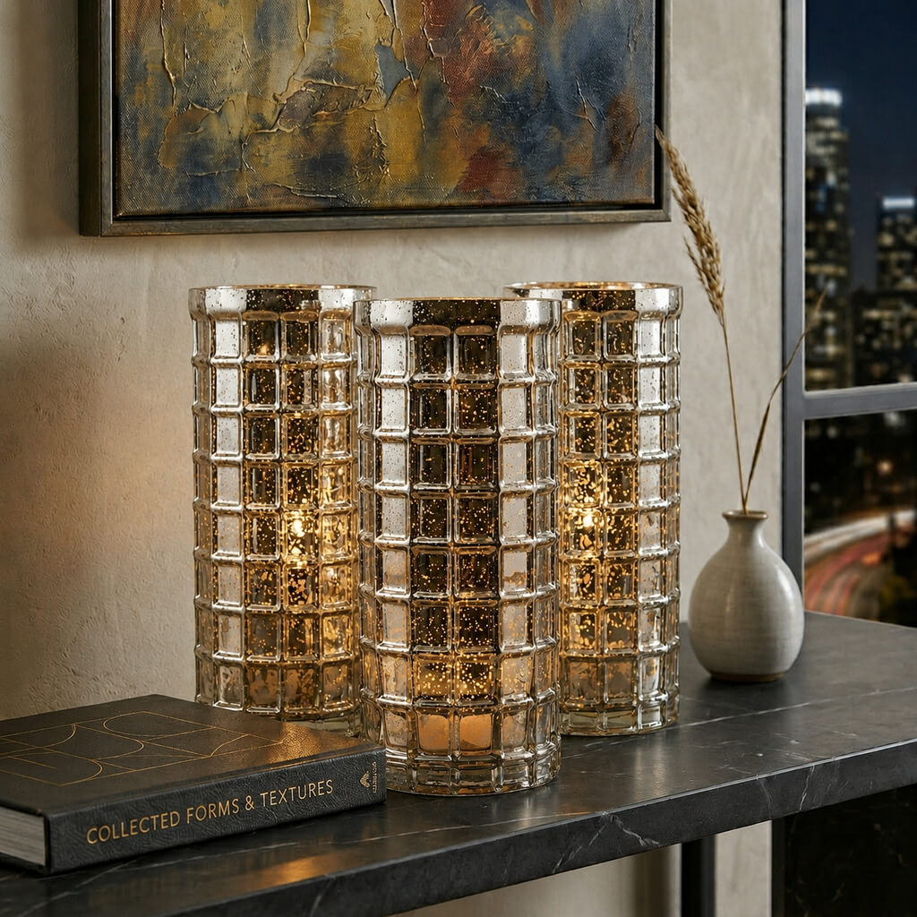 Gold Mercury Mosaic Cylinder 10" - Vase & Candle Holder