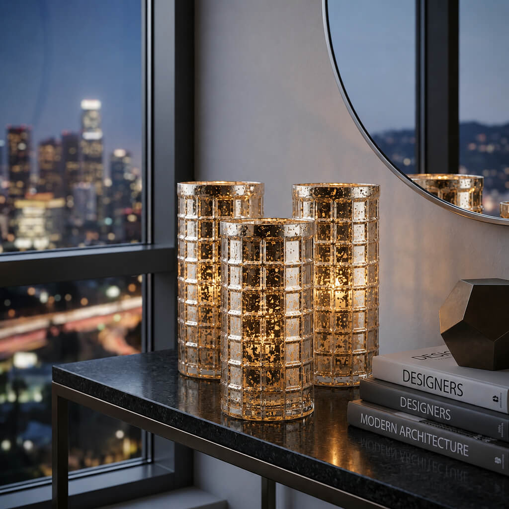 Gold Mercury Mosaic Cylinder 10" - Vase & Candle Holder